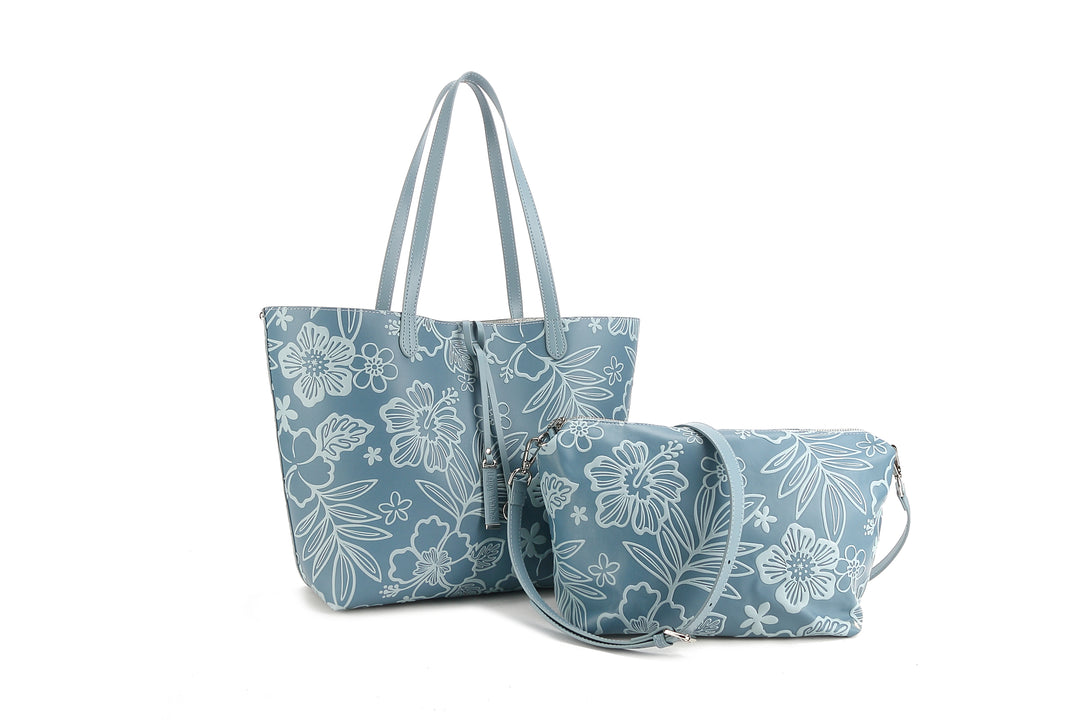 Reversible Tote Nancy Large Cherry Blossom Embossed Blue