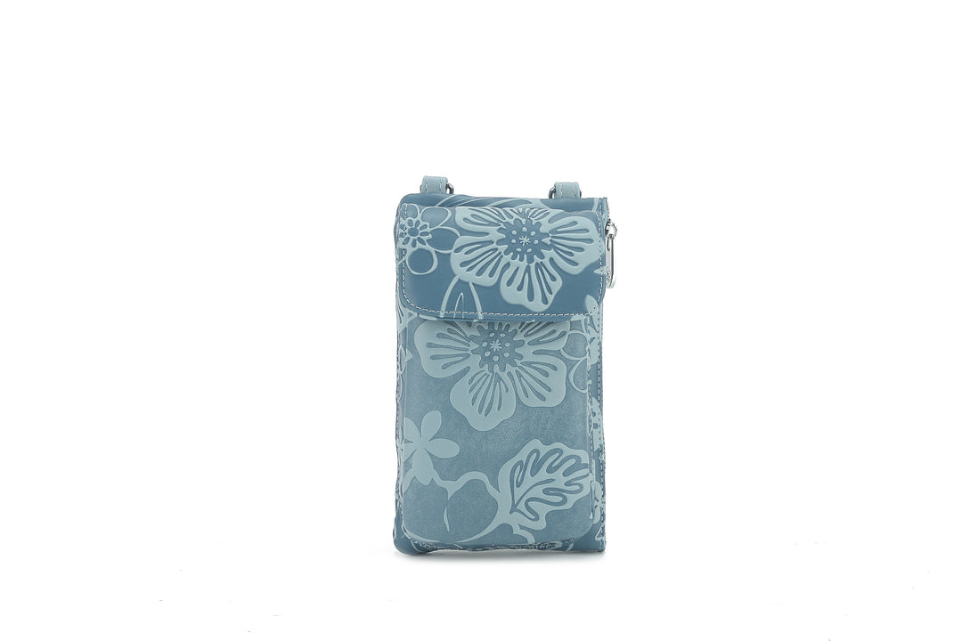 Crossbody Phone Wallet Anna Cherry Blossom Embossed Blue